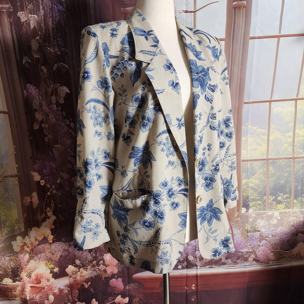 L Elegant Blue Floral Blazer Tailored Jacket, Made in USA, Size 12 Petite